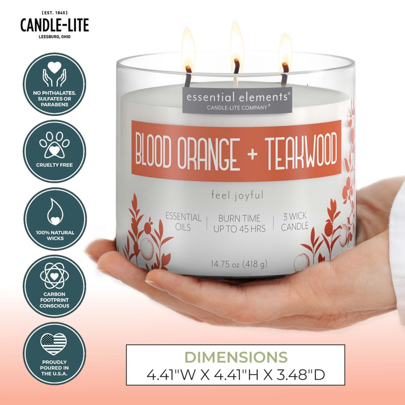 Essential Elements by Candle-lite Scented Candles, Blood Orange & Teakwood Fragrance, One 14.75 oz. Three-Wick Aromatherapy Candle with 45 Hours of Burn Time, Off-White Color - Image 3